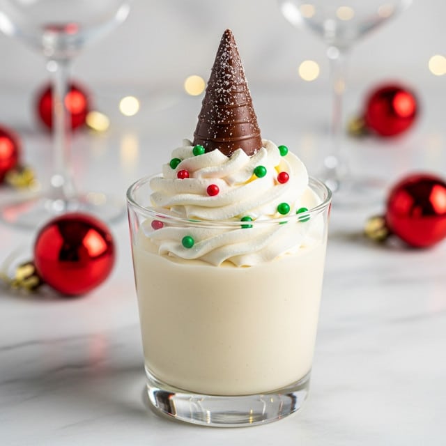 A clear glass cup holds a creamy beige dessert as the base layer, smooth in texture and filling most of the glass. On top, there is a thick swirl of white whipped cream decorated with small round red and green sprinkles scattered evenly. A dark brown cone-shaped piece coated in white sugar stands upright in the middle of the whipped cream, adding height and contrast. The glass rests on a white marbled surface with two small red round decorations nearby, and blurred yellow lights glow softly in the background. Photo taken with an iphone --ar 4:5 --v 7