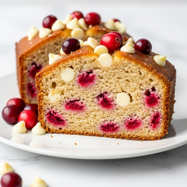 A close-up image of two slices of moist cake on a white plate, each slice showing a soft golden-brown crust with a light beige interior filled with bright red cranberry pieces and creamy white chocolate chips evenly spread throughout. The top of the cake slices is decorated with more white chocolate chips and scattered whole cranberries, adding pops of red and white against the cake's surface. The plate rests on a white marbled texture, with a few extra whole cranberries and white chocolate chips placed casually beside the slices. photo taken with an iphone --ar 4:5 --v 7