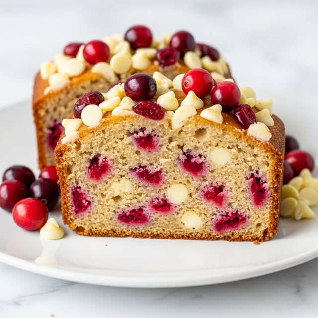 A close-up image of a sliced loaf cake shown on a white marbled surface, featuring a golden-brown crust and a soft, light beige inside filled with bright red cranberries and white chocolate chips scattered throughout. The top layer of the cake is decorated with more white chocolate chips and whole cranberries, adding texture and color contrast. The texture inside looks moist and slightly crumbly, with the fruit and chocolate pieces evenly distributed in the light cake base. A few whole cranberries and white chocolate chips lie near the base of the sliced loaf. photo taken with an iphone --ar 4:5 --v 7