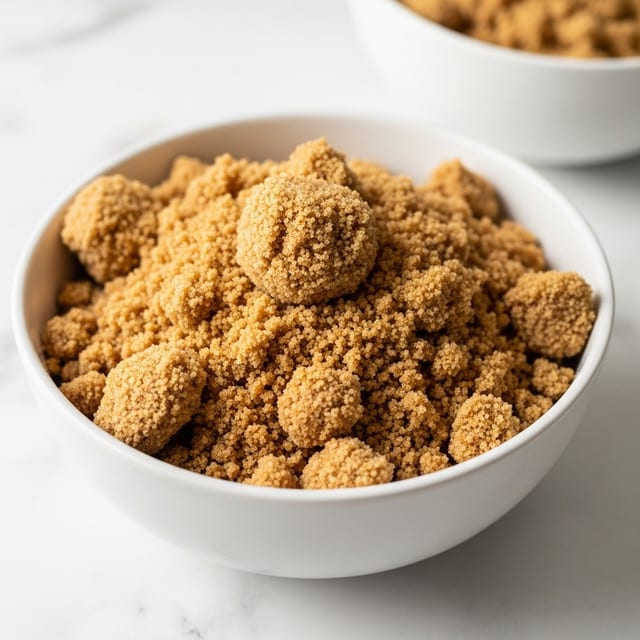 A close-up image of a white bowl filled with light brown coarse sugar that looks granular and slightly fluffy, sitting on a white marbled surface. The sugar forms a small mound in the bowl, showing a textured mix of fine and slightly larger grains. Behind it, there is a blurred second white bowl with more brown sugar. The overall feel is warm and natural with soft lighting highlighting the sugar’s texture. photo taken with an iphone --ar 4:5 --v 7