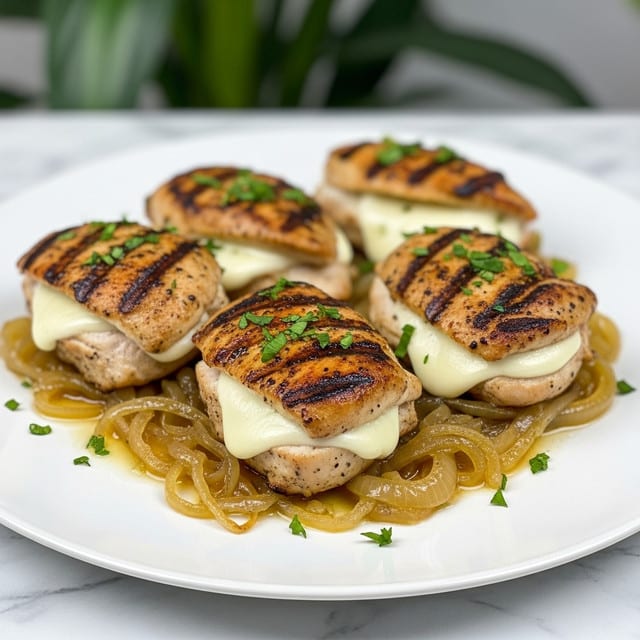 The image shows four pieces of golden-brown grilled chicken breasts, each stuffed with a white melted cheese layer visible through a slit in the center. The chicken has a slightly charred texture with herb specks on top, giving a crispy and seasoned look. Beneath the chicken, there is a layer of cooked translucent caramelized onions with a light brown shine, pooling some clear sauce around them. Fresh green parsley leaves are sprinkled over the chicken and onions for added color contrast, all placed on a white plate. The plate sits on a white marbled surface, and the focus is sharp on the front chicken piece with soft background blur. photo taken with an iphone --ar 4:5 --v 7