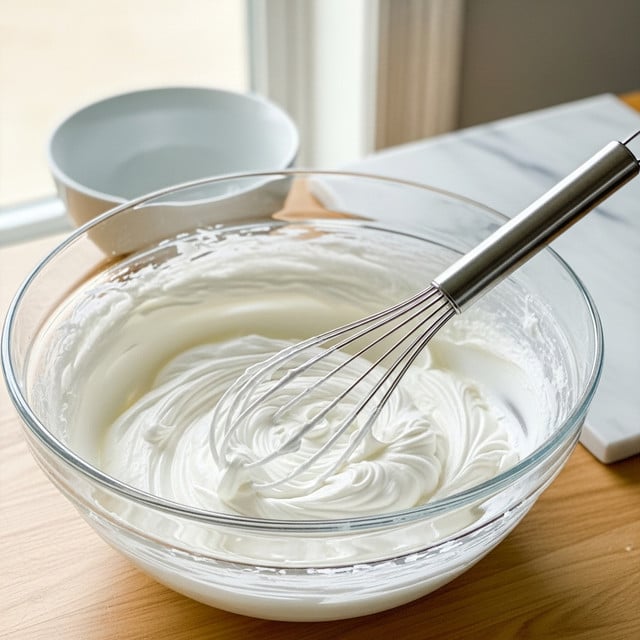 A large clear glass bowl filled with a fluffy white cream being whipped with a metal whisk that is partially immersed in the smooth, thick cream, all sitting on a light wood surface with a white marbled background, soft natural light coming from the side. photo taken with an iphone --ar 4:5 --v 7