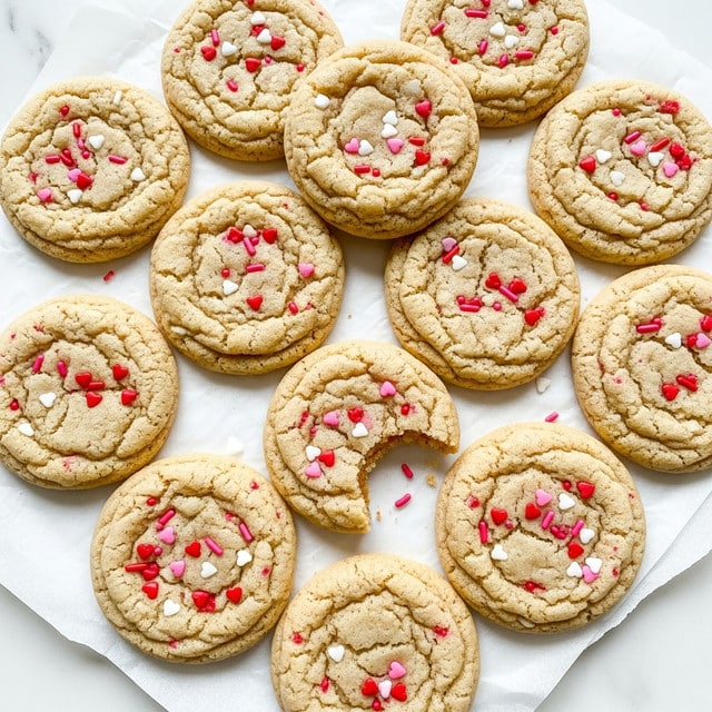 A group of soft, round cookies with light golden brown color and a slightly crinkled texture is shown closely packed on a piece of white parchment paper on a white marbled surface. Each cookie is studded with small red, pink, and white sprinkles that add specks of bright color throughout. One cookie near the center has a small bite taken out of it, revealing its soft and chewy inside. The cookies appear fresh and moist with a homemade look, arranged in a casual overlapping pile. Photo taken with an iphone --ar 4:5 --v 7