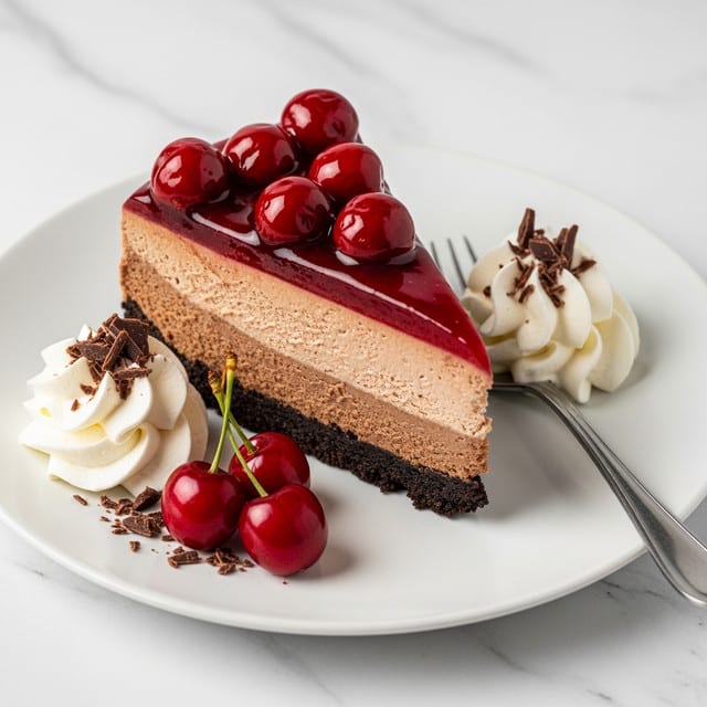 A slice of rich chocolate cheesecake with three main layers is shown on a white plate. The bottom layer is a dark, crunchy chocolate cookie crust. The middle layer is a smooth, thick, and creamy milk chocolate cheesecake, light brown in color. On top, there is a shiny cherry topping with whole, glossy red cherries covered in a bright red syrup. At the back edge of the slice, two swirls of white whipped cream are decorated with small dark chocolate shavings. Three whole cherries rest on the plate next to the cake, along with a few chocolate shavings scattered around. The setting is on a white marbled surface, and a silver fork is placed next to the plate. photo taken with an iphone --ar 4:5 --v 7
