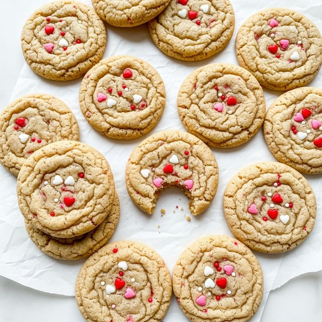 A close-up view of eleven round cookies on white parchment paper placed over a light wood surface replaced by a white marbled texture; each cookie has a soft, slightly crinkled light golden brown base with tiny red, pink, and white sprinkles distributed evenly on top, adding bright pops of color and a textured look. The cookies have a slightly thick, chewy texture and one cookie is overlapping another with a small bite missing, showing the soft interior. photo taken with an iphone --ar 4:5 --v 7