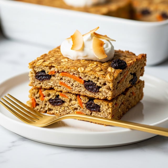 A thick square slice of baked oatmeal with visible layers of oats and shredded orange carrots mixed evenly throughout, with small dark raisins scattered inside. The top is rough and textured, topped with a dollop of white cream in the center and a small sprinkle of shredded carrot on it. The square sits on a simple white plate with a gold fork placed beside it. The background shows a white marbled surface with a baking dish and a white cup with a wooden coaster out of focus behind. Photo taken with an iphone --ar 4:5 --v 7
