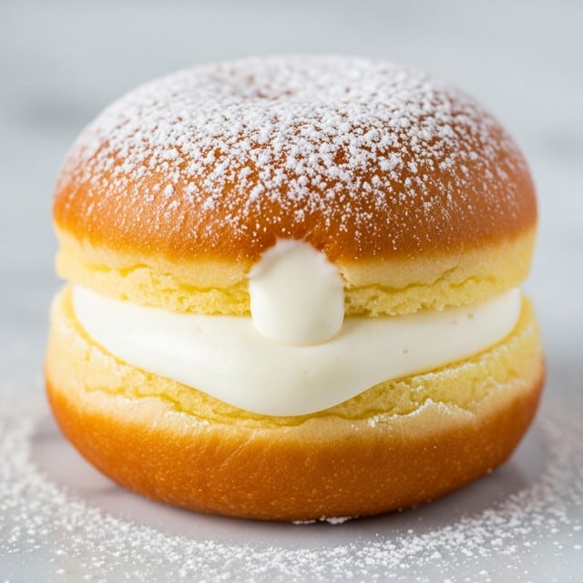 A close-up view of a cream-filled pastry with three main layers: the outer layer is a golden-brown, soft dough with a slightly crispy edge, dusted generously with white powdered sugar on top; just inside this is a light, fluffy, pale yellow dough layer; the innermost layer is a smooth, rich white cream filling that looks thick and glossy, filling the hollow center completely. The pastry sits on a white marbled surface. photo taken with an iphone --ar 4:5 --v 7