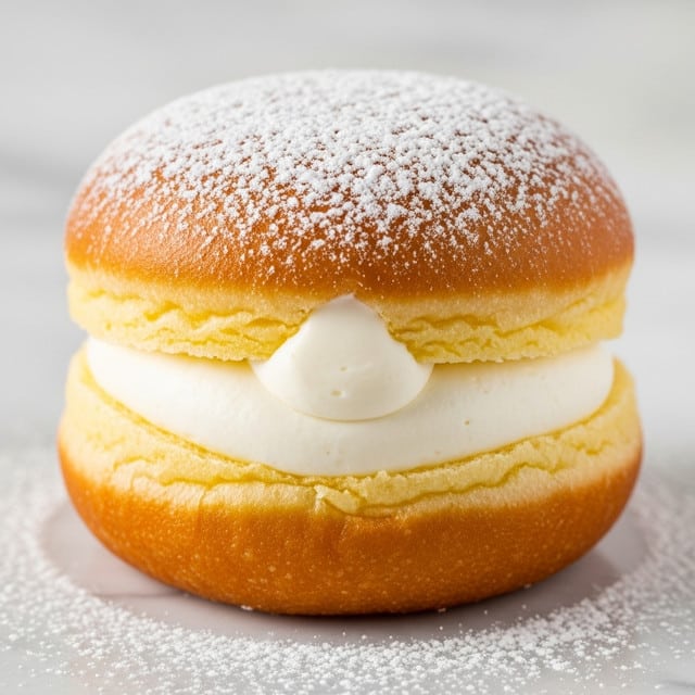 A close-up image of a cream-filled pastry showing three main layers: the outer golden-brown fried dough with a soft, slightly crispy texture dusted with white powdered sugar on top, a fluffy light-yellow inner bread layer just beneath the crust, and a thick, smooth, white creamy filling inside, overflowing slightly in the center. The pastry rests on a white marbled surface with hints of powdered sugar around it. photo taken with an iphone --ar 4:5 --v 7