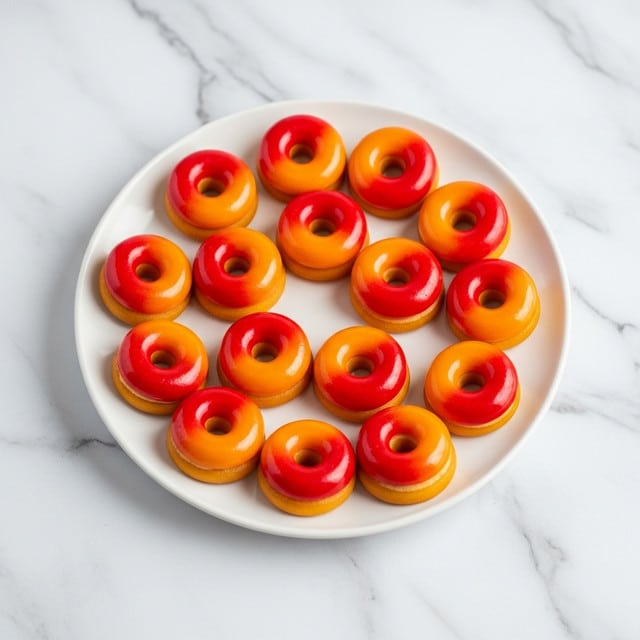 A white plate holds fourteen small, shiny donut-shaped candies arranged neatly in a circle. Each candy has two layers: a smooth, glossy orange bottom layer and a bright red top layer that gradually blends into the orange, creating a vibrant gradient effect. The candies' surfaces reflect light, making them look fresh and smooth. The plate sits on a white marbled textured surface, adding a clean and simple background to the colorful arrangement. photo taken with an iphone --ar 4:5 --v 7