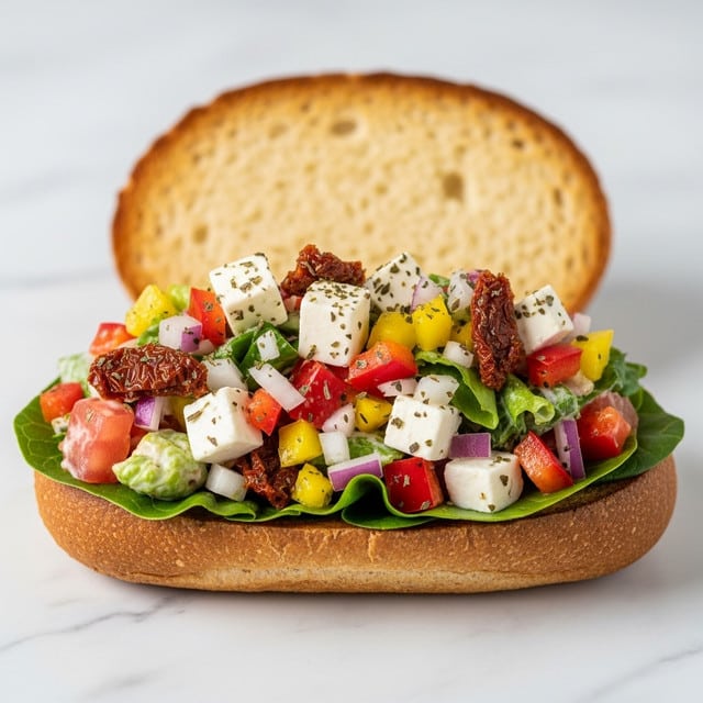 A toasted brown sandwich roll is open-faced on a white marbled surface. The bottom half holds a thick mix of diced layers including red bell peppers, green lettuce, chunks of white cheese, pieces of sun-dried tomatoes, bits of yellow peppers, and finely chopped onions, all lightly coated in a creamy sauce with flecks of herbs sprinkled on top. The top half of the bread is resting behind, showing a soft, light golden-brown inside. photo taken with an iphone --ar 4:5 --v 7