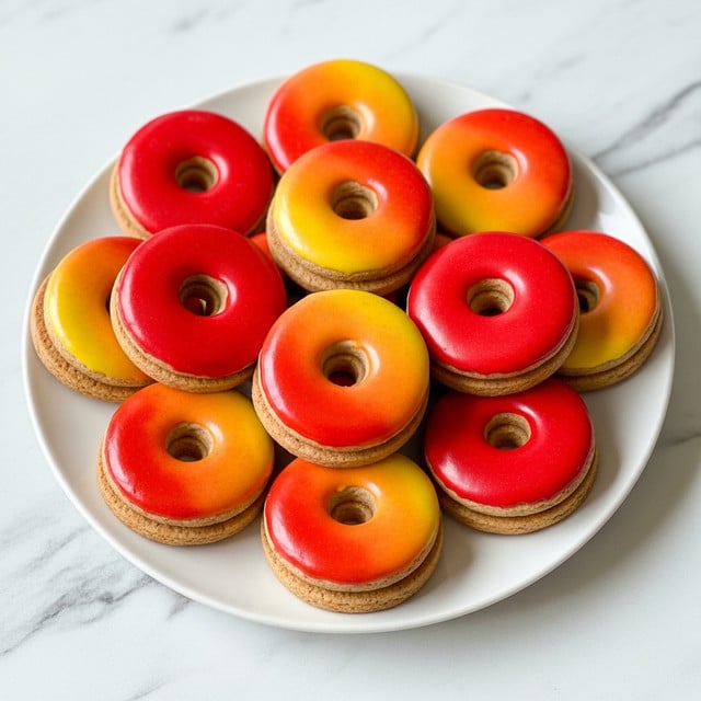 A white plate holds a neat pile of donut-shaped cookies, each with two layers: a light brown base cookie and a smooth, glossy icing top layer that fades from bright red on the outer edge to warm orange and yellow toward the center hole. The cookies have a shiny, almost glass-like texture on top, making the gradient colors vivid and eye-catching. The plate sits on a white marbled surface. photo taken with an iphone --ar 4:5 --v 7