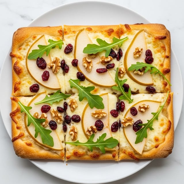 A rectangular pizza sits on a white plate, with a golden-brown thin crust forming the base layer. On top, a smooth layer of melted cheese covers the crust evenly, its creamy white color lightly browned in spots. Slices of thin pear with pale yellow skin and soft white flesh are arranged across the pizza in overlapping rows, creating a fresh layer. Scattered bright red dried cranberries and chopped walnuts add texture and pops of deep color all over. Small green arugula leaves are placed on top, giving a fresh and slightly curly touch. The pizza is cut into rectangular slices, and the whole scene rests on a white marbled surface. Photo taken with an iphone --ar 4:5 --v 7