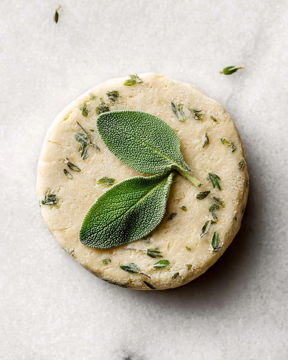 A single round, pale yellow disk with small dark green and black herb flecks is placed on a white marbled surface. On top of the disk, two fresh green sage leaves rest side by side, their textured surfaces clearly visible. The disk has a slightly rough texture and a soft, dough-like appearance. The overall scene is simple and clean, highlighting the natural colors and textures of the disk and leaves. photo taken with an iphone --ar 4:5 --v 7