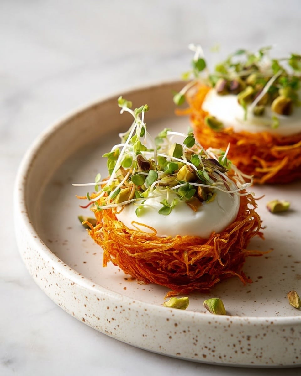 Two small nests made of crispy golden-brown shredded potatoes form the base, each nest holding a soft, white poached egg on top. The eggs are smooth and glossy, contrasting with the crunchy texture beneath. Scattered over the eggs and nests are green and brown pistachio nuts and fresh green sprouts, adding color and a fresh look. The dish is served on a simple white plate with a white marbled surface visible underneath, giving a clean and fresh background. Photo taken with an iphone --ar 4:5 --v 7