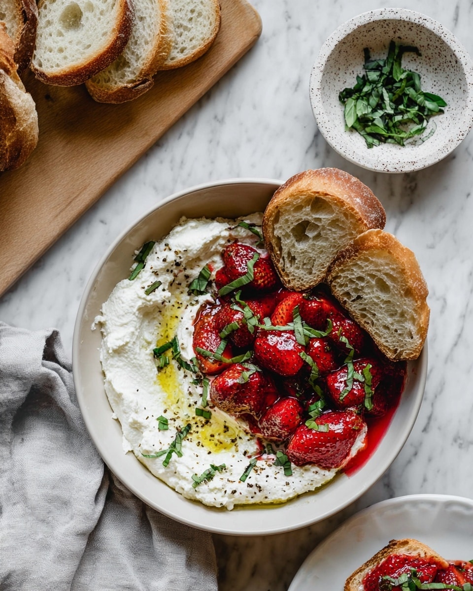 A bowl with two slices of crusty bread resting on the left side, exposing a soft and airy crumb texture. Inside the bowl, the bottom half is covered with creamy white cheese spread, smooth and slightly glossy, topped with thin strips of fresh green herbs and a drizzle of olive oil. The top right half is filled with vibrant red, glazed roasted strawberries, shiny and juicy, also sprinkled with finely chopped green herbs. The bowl sits on a white marbled surface with a small white bowl of green herbs nearby, and part of a slice of bread with cheese and strawberries on a white plate can be seen in the corner. photo taken with an iphone --ar 4:5 --v 7