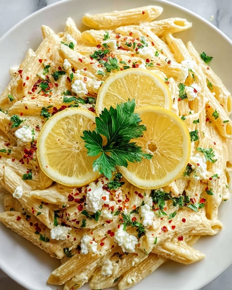 A close-up view of a plate filled with creamy penne pasta layered with a thick white sauce. The pasta's pale yellow color contrasts with white crumbled cheese scattered evenly on top. Fresh green parsley leaves and finely chopped herbs are sprinkled throughout, adding bright green highlights. On top are three thin lemon slices arranged in a triangle with a small bunch of parsley leaves in the center. Red chili flakes are lightly scattered over everything, adding tiny red spots. The plate is white and placed on a white marbled surface. photo taken with an iphone --ar 4:5 --v 7