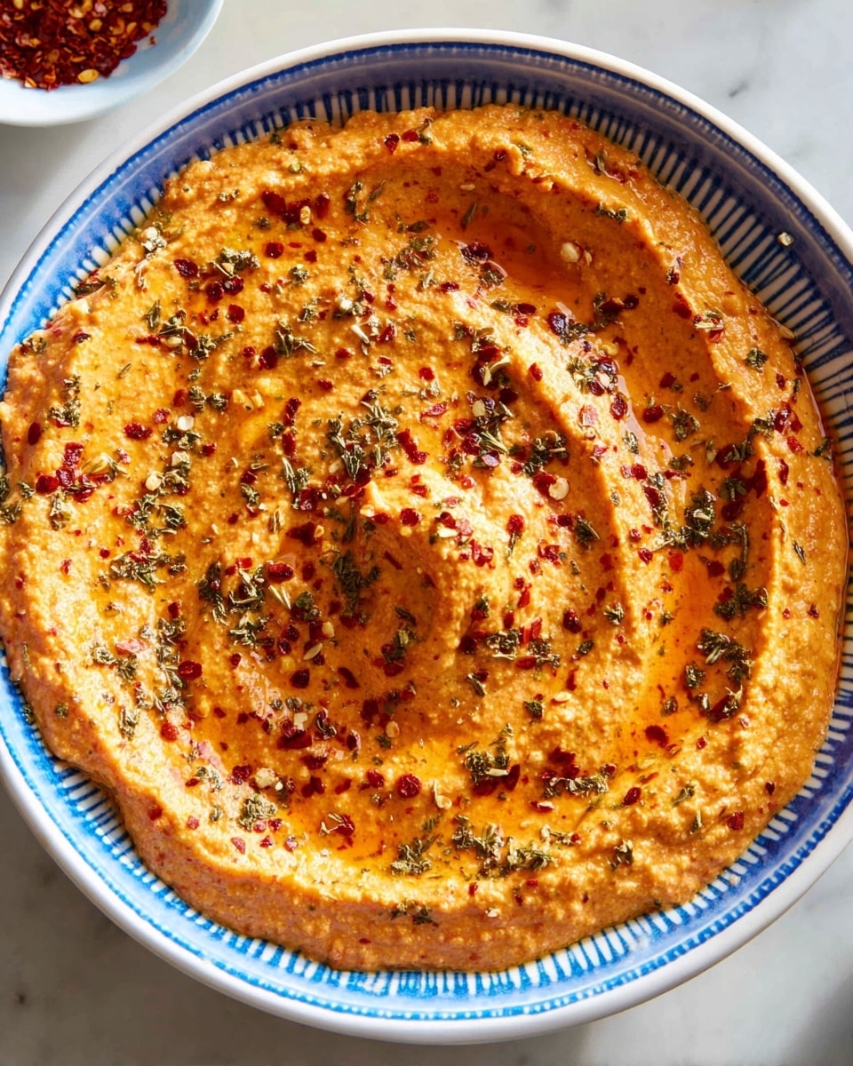 A bowl with a white and blue striped edge holds a creamy orange dip with a slightly chunky texture. The dip is spread evenly inside the bowl with a swirl pattern on top, creating a small peak in the center. The surface of the dip is sprinkled generously with dried herbs and red chili flakes, adding dark green and red specks across the bright orange base. The bowl sits on a white marbled surface, visible in the background. photo taken with an iphone --ar 4:5 --v 7