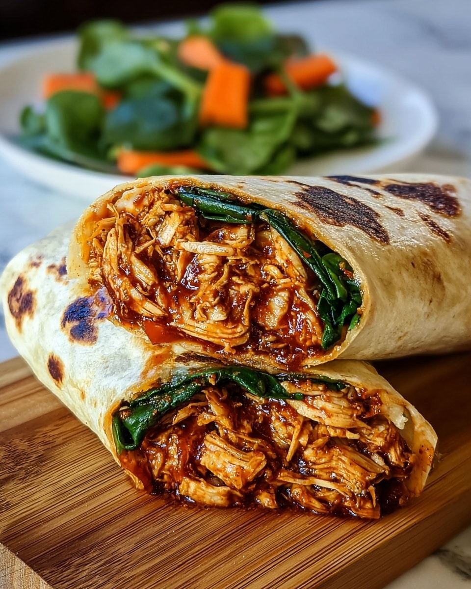 A close-up of a burrito cut in half on a wooden board, showing two main layers inside the soft, lightly charred tortilla: the top layer is shredded chicken coated in a rich, dark reddish-brown sauce with a glossy texture, and the bottom layer consists of fresh, dark green leafy spinach. In the background, blurred, there is a white plate holding a mixed salad with bright orange carrot slices and fresh green spinach leaves. The shot is taken on a white marbled texture surface. Photo taken with an iphone --ar 4:5 --v 7
