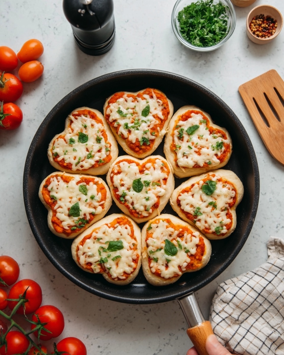 A round black pan holds eight small pizza rolls arranged in a circle with one in the center; each roll is layered with light golden dough on the outside, topped with tomato sauce, melted white cheese, and small pieces of fresh green basil evenly spread on top. The scene includes a bottle of pepper, a small white bowl of salt, a bunch of cherry tomatoes still on the vine, and green herbs scattered around, all set on a white marbled surface with a checkered cloth on the side. Photo taken with an iphone --ar 4:5 --v 7
