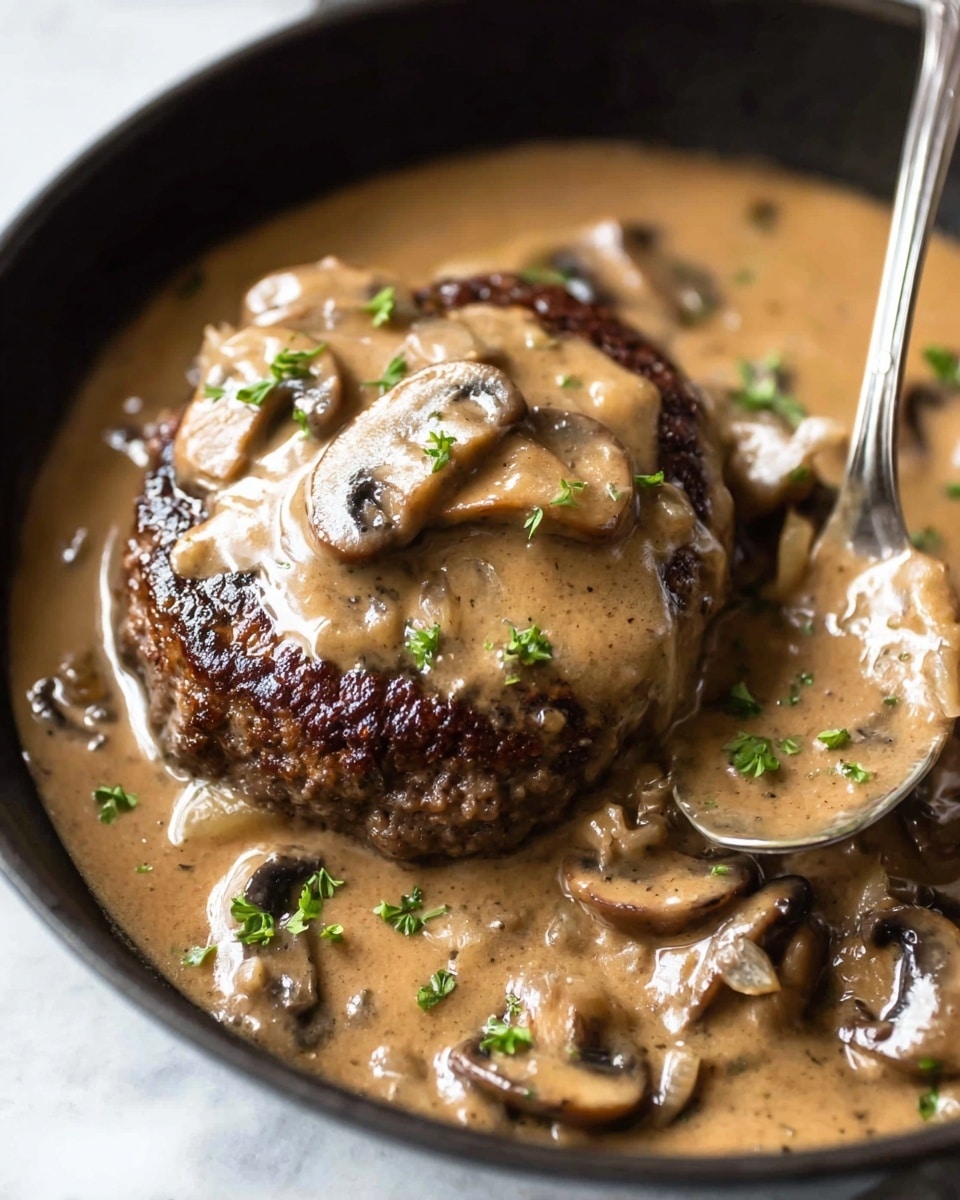 The image shows a close-up of two browned patties partially covered in thick, creamy brown mushroom sauce inside a black pan. The sauce has a smooth texture with visible sautéed mushroom slices and small bits of onion mixed in. The patties are richly browned with a slightly crispy exterior, and the sauce gently coats the surface, pooling around the edges. A silver spoon with a mushroom slice on it is partially visible on the right side, stirring or serving the sauce, while small green herb pieces are sprinkled on top for color contrast. The background is a white marbled texture. photo taken with an iphone --ar 4:5 --v 7