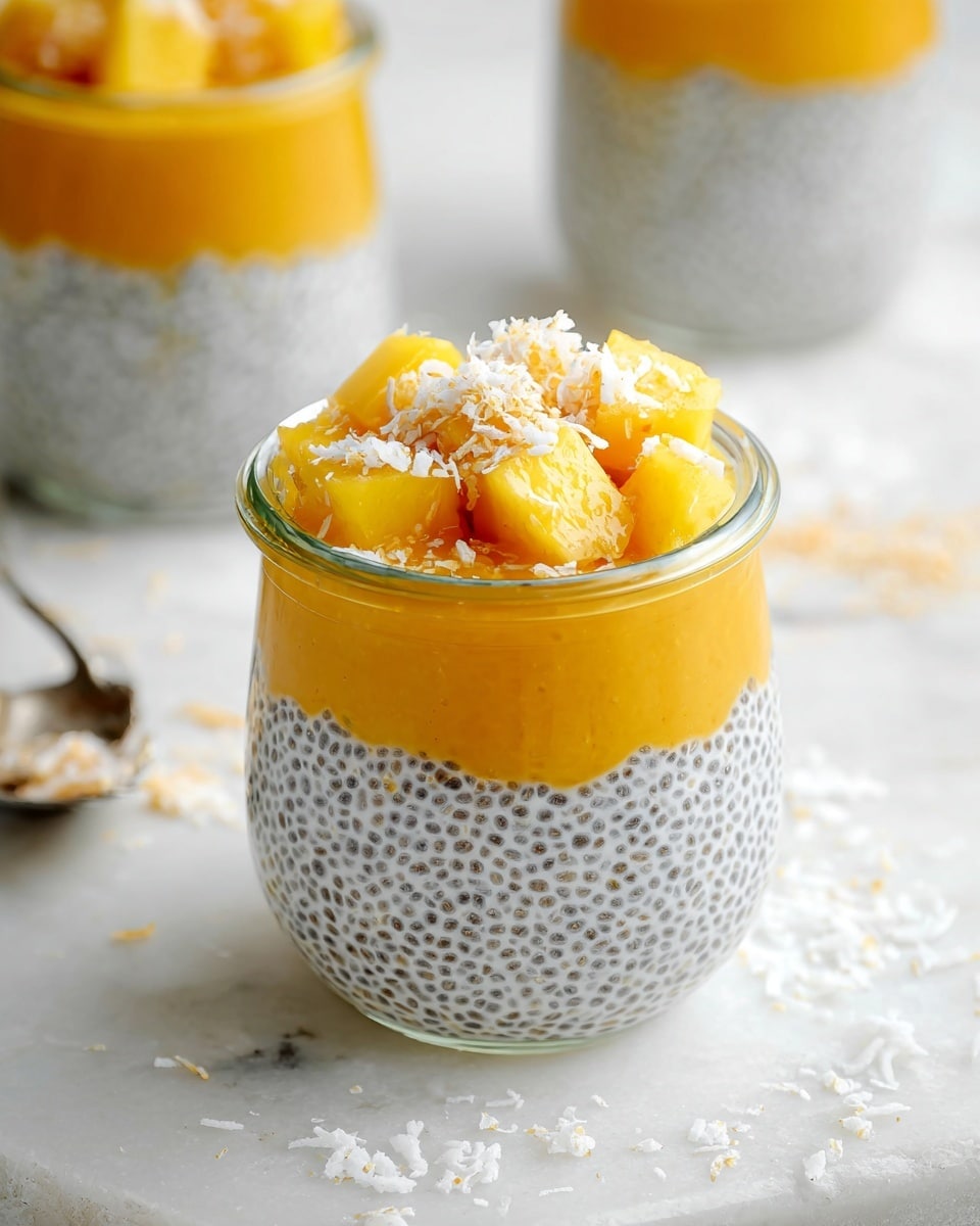 A small clear glass jar shows a three-layer dessert sitting on a white marbled board. The bottom layer is smooth and bright orange, likely mango puree. The middle layer is thick and white with many tiny black chia seeds spread evenly through it, making a speckled look. The top layer has small bright yellow chunks of mango scattered over the chia layer, lightly covered by a sprinkle of white shredded coconut. The background is a soft, out-of-focus white marble surface with hints of other jars and some scattered coconut flakes around. photo taken with an iphone --ar 4:5 --v 7