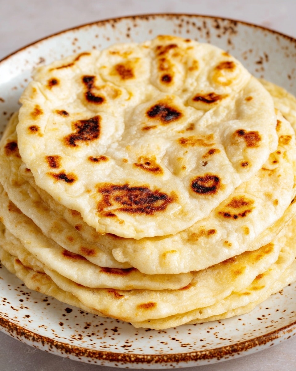 A stack of six flatbreads with golden-brown toasted spots on the surface sits on a white plate with rustic brown speckles and edging. Each flatbread is light beige with a slightly uneven texture and soft, airy thickness, showing some puffed areas and gentle browning. The flatbreads are neatly layered one on top of the other, centered on the plate, which rests on a white marbled textured surface. The close-up view highlights the contrast between the pale dough and darker toasted patches, giving a warm and fresh-baked appearance. Photo taken with an iphone --ar 4:5 --v 7