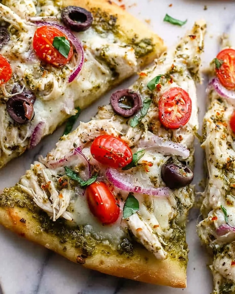The image shows two triangular pizza slices placed on a white marbled surface. The thin crust is light golden brown with a slight crisp edge. The pizza is topped with a layer of white melted cheese that looks smooth and stringy, scattered chunks of white cooked chicken, sliced red cherry tomatoes, black olives, thin slices of purple onion, and green chopped herbs sprinkled over the top. The overall look is fresh with a mix of bright red, black, green, and white colors layered evenly across the slices. Photo taken with an iphone --ar 4:5 --v 7