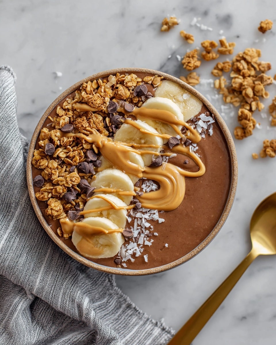 A bowl filled with a smooth, creamy chocolate base takes up most of the space. On top, a layer of golden brown granola with a crunchy texture lines one side, followed by a row of five thick slices of light yellow banana placed slightly overlapping in the middle. Drizzled over the bananas and granola is a swirl of tan peanut butter. Small dark chocolate chunks and tiny white flakes are sprinkled over the bananas and granola for extra texture. The bowl rests on a white marbled surface beside a gold spoon and a gray striped cloth. photo taken with an iphone --ar 4:5 --v 7