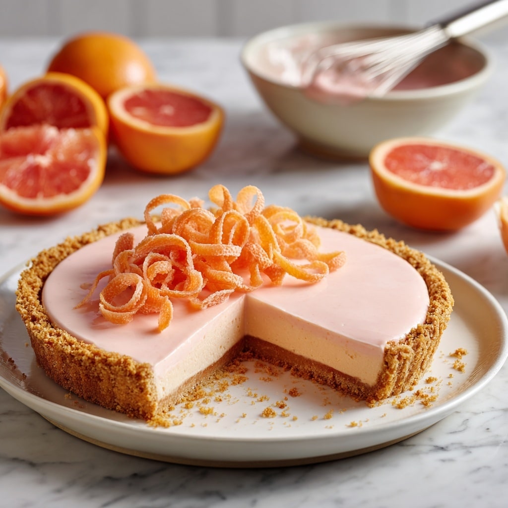 A grapefruit tart is shown with three distinct layers: a thick, golden-brown, crumbly crust at the bottom, a smooth pale pink curd layer in the middle, and delicate curly strips of grapefruit peel arranged in a small pile on top. The tart is on a white plate set on a white marbled surface. Around it are halved and whole grapefruits, and in the background there is a pot with a whisk dipped in a matching pink mixture. photo taken with an iphone --ar 4:5 --v 7