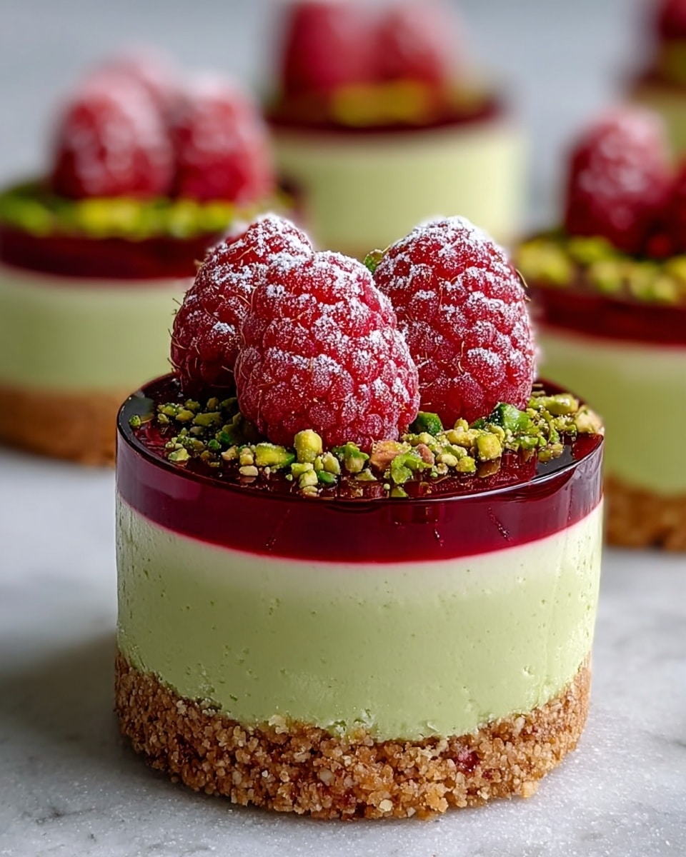 The image shows a small round dessert with three distinct layers. The bottom layer is a crumbly, light brown crust that looks crunchy. The middle layer is thick and creamy, pale green in color with a smooth texture. On top, there is a thin, shiny red layer that looks like a fruit jelly or glaze. The dessert is decorated with two fresh red raspberries and chopped green pistachios on top, adding texture and color contrast. Other similar desserts can be seen blurred in the background on a white marbled surface. photo taken with an iphone --ar 4:5 --v 7
