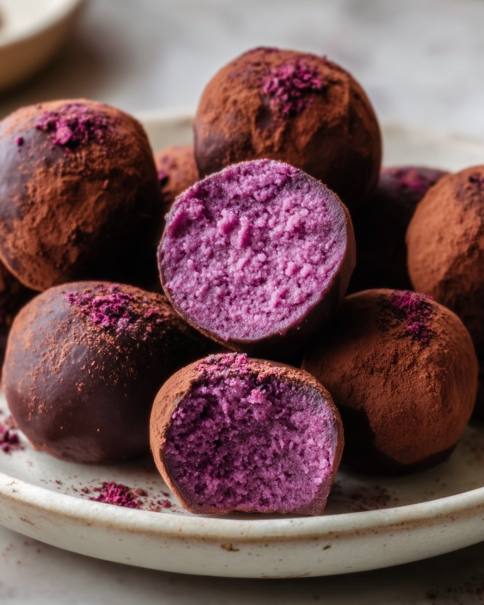 The image shows a close-up of several round dark chocolate truffles piled on a white plate, with one truffle bitten into revealing a bright purple, smooth, creamy inside. The outer layer is dark, slightly shiny chocolate with a textured, rough surface from tiny bits of topping. The inside layer is a thick, rich, vibrant purple filling with a soft, moist texture. The plate sits on a white marbled surface. Photo taken with an iphone --ar 4:5 --v 7