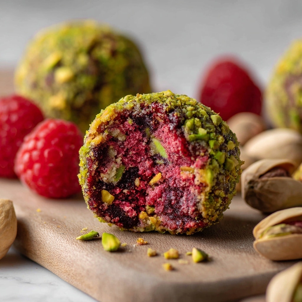 A close-up of a raspberry pistachio bliss ball sliced in half, showing a dense, deep red interior mixed with bright green pistachio pieces and light pink bits throughout. The outer layer is covered evenly with chopped pistachios, giving a textured green and red surface. The bliss ball sits on a round wooden board surrounded by whole pistachios and fresh raspberries. In the blurred background, two more whole raspberry pistachio bliss balls and red raspberries appear on a white marbled surface. photo taken with an iphone --ar 4:5 --v 7