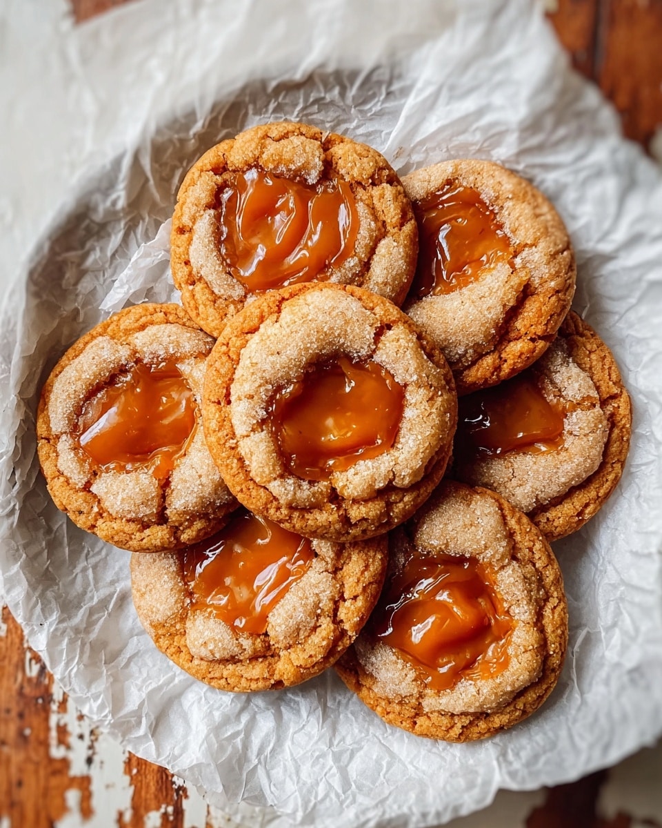 The image shows six round cookies placed closely together on white parchment paper inside a white plate. Each cookie has a golden-brown baked edge with a slightly cracked and shiny surface. The center of each cookie is darker with a glossy caramel or syrup-like layer that looks sticky and smooth, bordered by the lighter, softer cookie dough around it. The cookies have a slightly puffy and soft texture with small cracks on the top. The plate rests on a white marbled surface. photo taken with an iphone --ar 4:5 --v 7