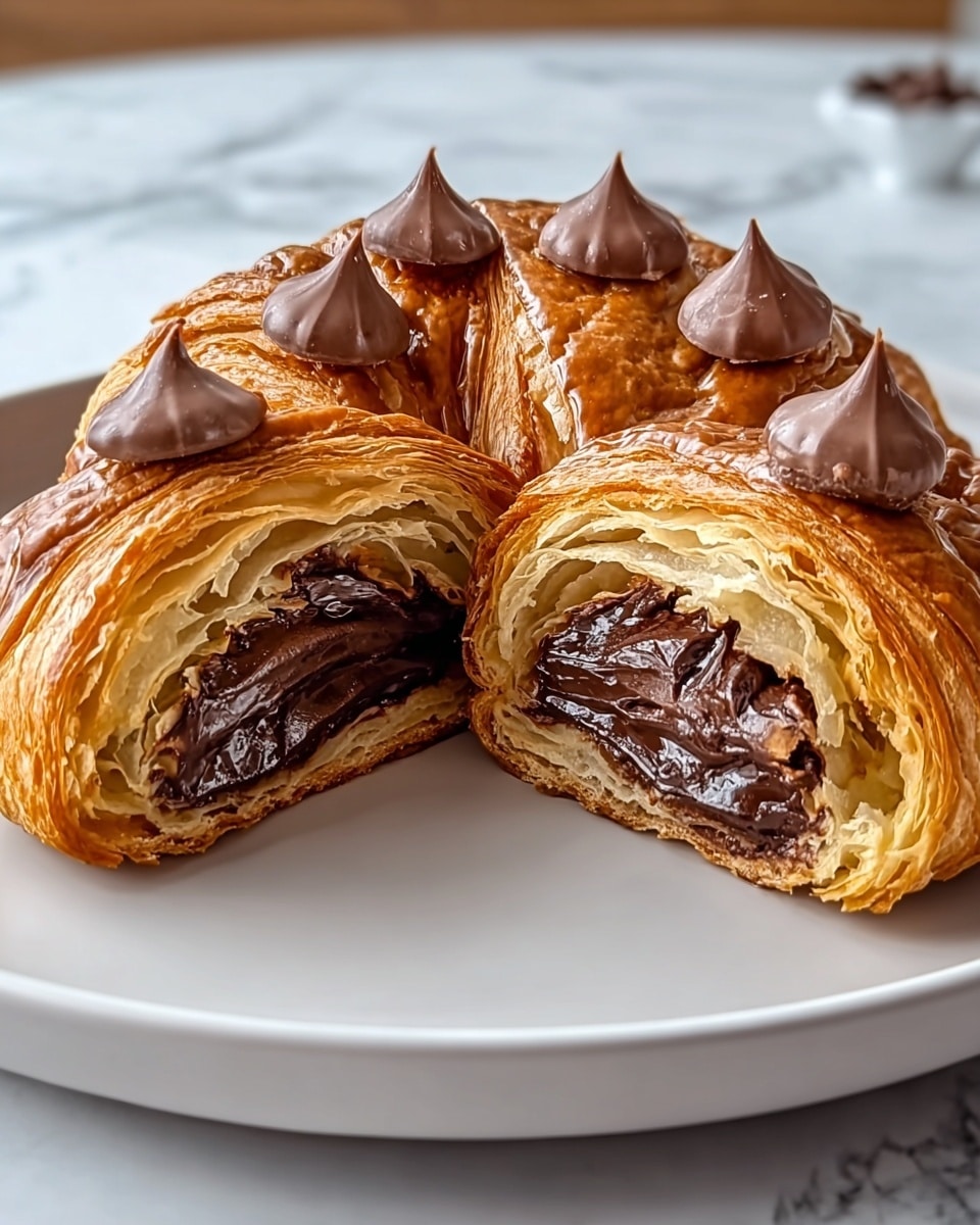 A half-eaten flaky croissant sits on a white plate, showing multiple layers of thin, golden-brown pastry on the outside. Inside, there are three thick layers of rich, glossy dark chocolate filling, with a smooth texture. On top of the croissant, small chunks of chocolate are placed in a circle, each piece shiny and slightly melted, adding texture contrast. The plate rests on a white marbled surface with a wooden texture blurred in the background. photo taken with an iphone --ar 4:5 --v 7