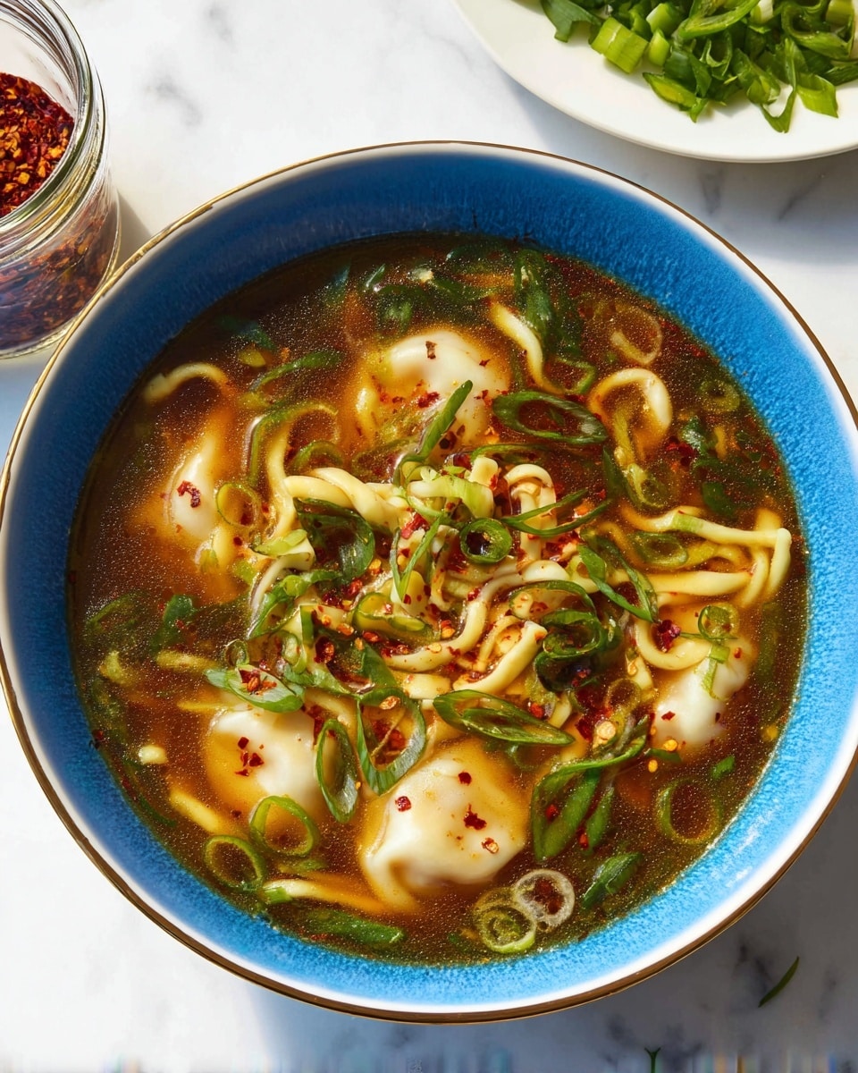 A close-up of a blue bowl filled with clear brown broth, three white dumplings floating near the center, and yellow noodles submerged beneath. Scattered green onion slices cover the soup’s surface, mixed with small red pepper flakes for color. The bowl sits on a white marbled surface with a white plate of green sliced scallions and a glass jar of red chili flakes nearby. The light casts soft shadows, highlighting the textures of the noodles, dumplings, and greens. Photo taken with an iphone --ar 4:5 --v 7