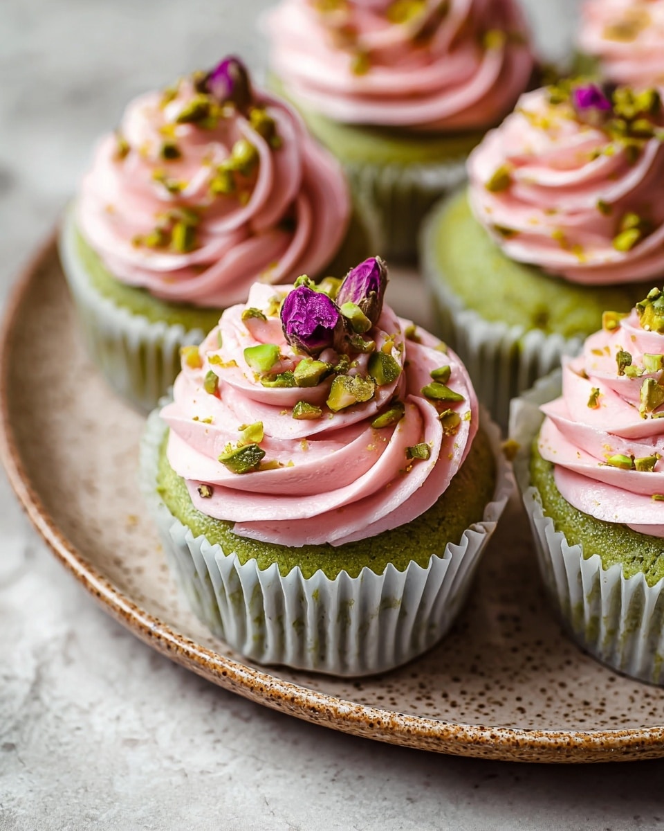 The image shows several cupcakes with two visible layers: a light green base with a soft, slightly crumbly texture in white paper liners and a thick swirl of smooth, pink frosting on top. The pink frosting is decorated with small pieces of green pistachio nuts and a small purple dried rosebud placed at the center of each swirl. The cupcakes are arranged closely on a round, brown ceramic plate with a glossy finish. The background is a white marbled texture. photo taken with an iphone --ar 4:5 --v 7