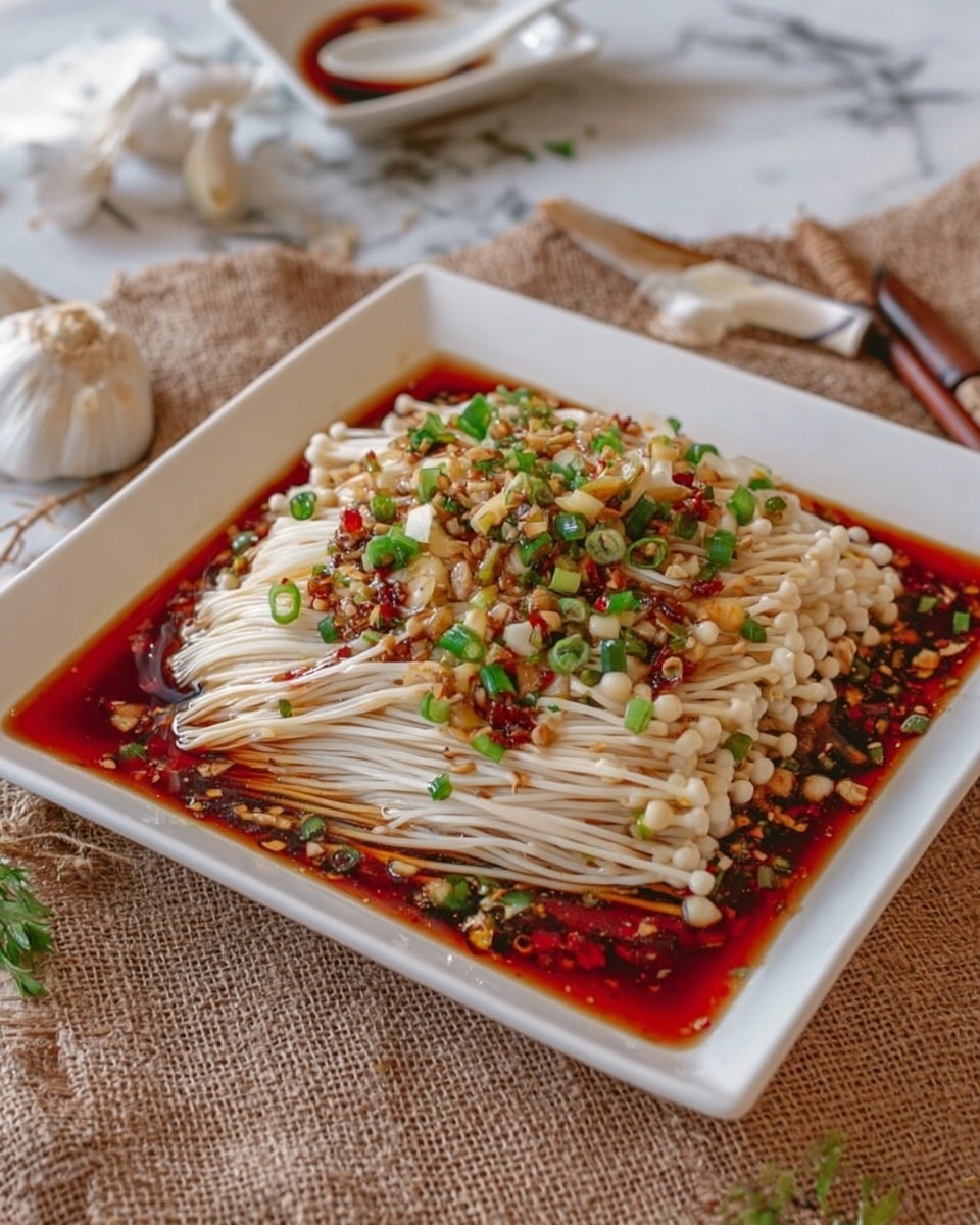 A white square plate holds a layered dish of long, thin white enoki mushrooms spread out evenly. The mushrooms sit in a dark brown soy-based sauce pooling around the edges. On top, there is a generous layer of finely chopped green onions and bits of toasted garlic, adding pops of green and golden brown colors. The plate is placed on a rustic burlap cloth over a wooden board, with pieces of garlic and a white marbled textured surface in the background. In the upper right corner, a small white square dish with a spoon and chopsticks rests on the white marbled surface. photo taken with an iphone --ar 4:5 --v 7