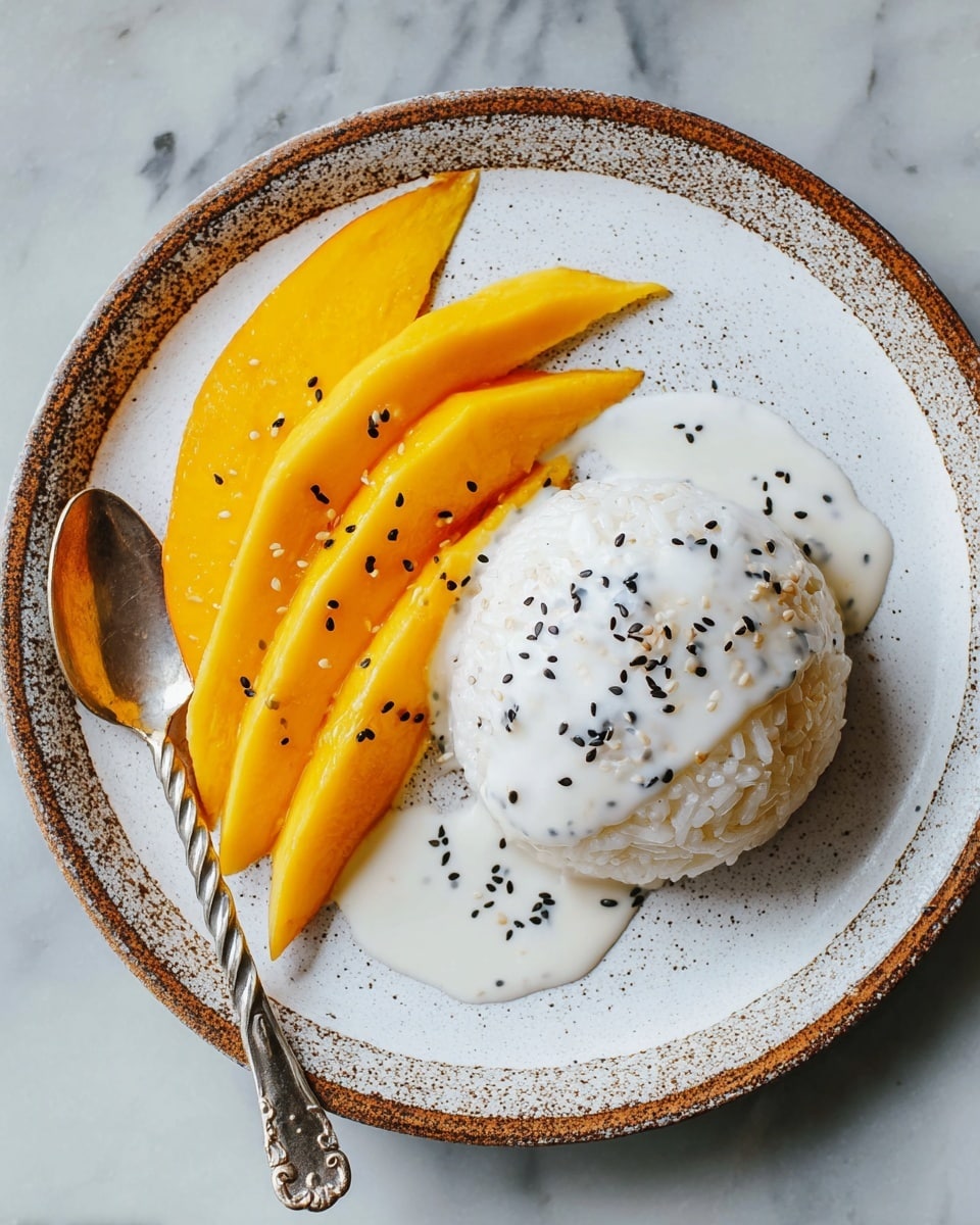 The dish is served on a white plate with dark brown speckles around the edge, placed on a white marbled surface. There are two main layers: on the right, a round mound of sticky white rice topped with a little white cream sauce and sprinkled with small black sesame seeds, creating a slightly glossy and textured look. On the left side of the plate, arranged in a fan shape, are several thin slices of bright yellow mango with a smooth, shiny surface, also sprinkled lightly with black sesame seeds. A twisted dark metal spoon rests on the left side of the plate. photo taken with an iphone --ar 4:5 --v 7