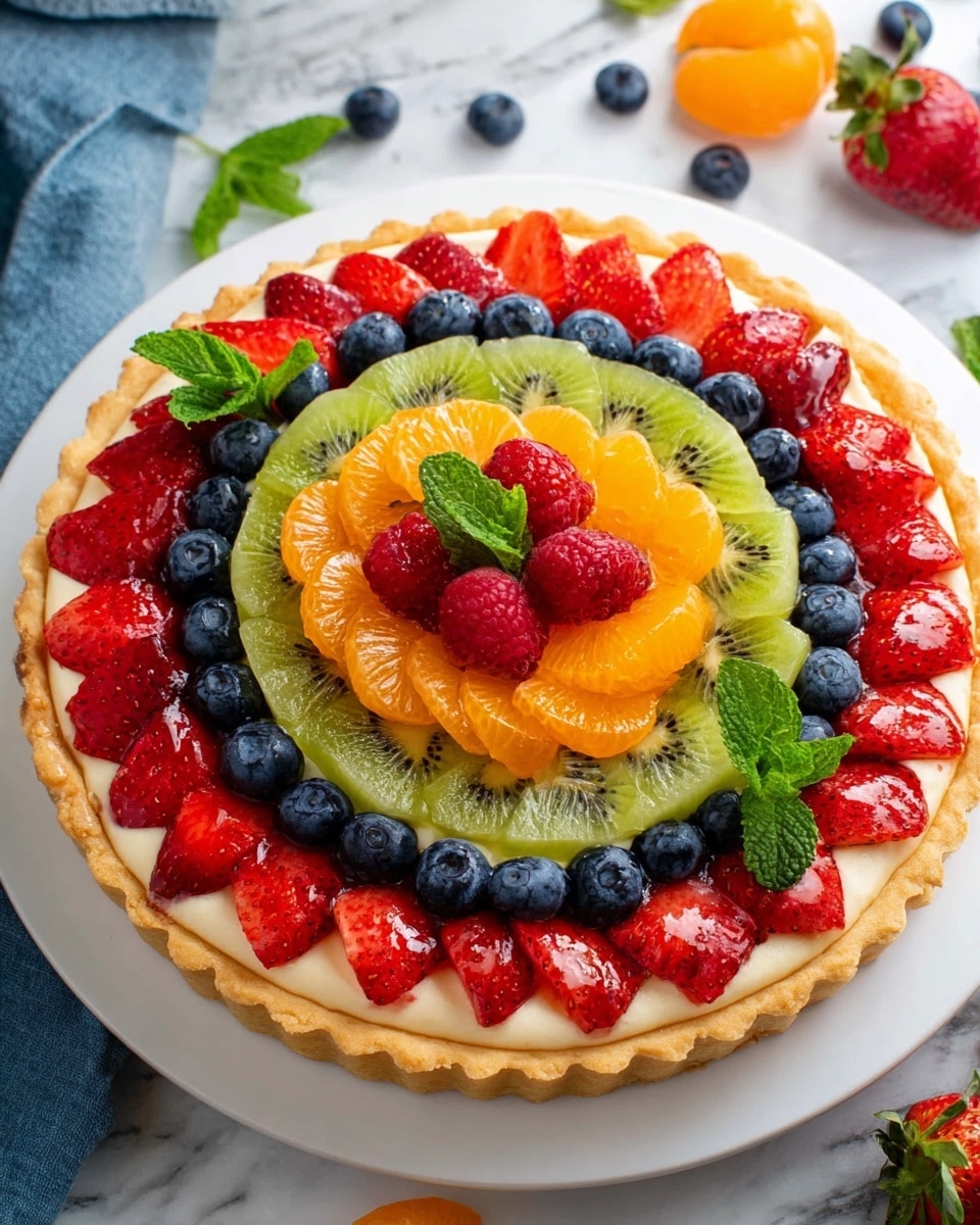 A round fruit tart is shown from the top, placed on a white plate set on a white marbled surface. The tart has a golden crust visible around the edges. The first layer inside the crust is creamy white filling. On top of the filling are three visible fruit layers arranged in circles: the outer circle is sliced red strawberries with green mint leaves placed intermittently, the middle circle is whole dark blue blueberries, and the inner circle is bright orange mandarin slices surrounding a center of bright red raspberries with a small green mint leaf on top. The colors are bright and fresh, and the overall look is neat and well-arranged. photo taken with an iphone --ar 4:5 --v 7