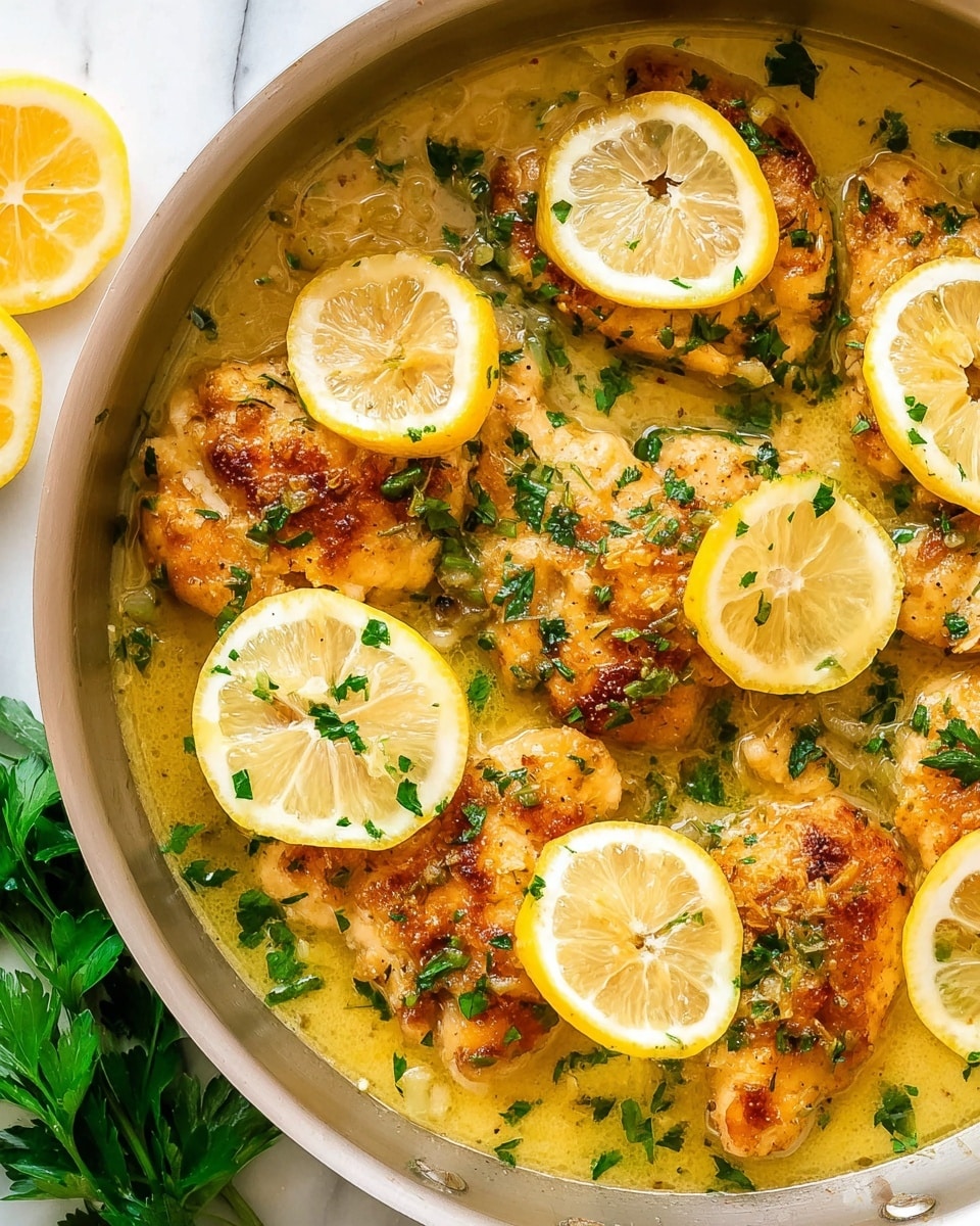 This image shows a close-up of cooked chicken breasts in a shallow white pan filled with a light yellow lemon butter sauce. The chicken is golden brown and slightly crispy on top, with a juicy texture beneath. Slices of bright yellow lemon are placed on and between the chicken pieces, adding freshness. The dish is sprinkled with chopped green herbs, creating a fresh, colorful contrast on top of the warm tones of the chicken and sauce. The pan rests on a white marbled surface with some fresh parsley visible at the edge. photo taken with an iphone --ar 4:5 --v 7