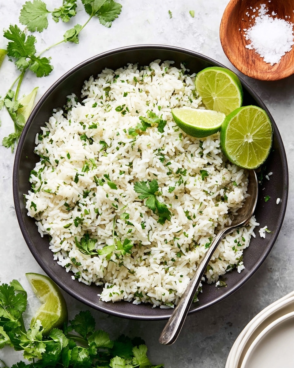 A bowl filled with white rice mixed evenly with small green herb pieces, creating a fresh look. On top, there are three thin lime wedges and a small bunch of bright green cilantro leaves placed to one side. A silver spoon is resting inside the bowl on the right side, partly buried in the rice. The bowl is set on a white marbled surface with some scattered green cilantro leaves and lime wedges around it. A small wooden bowl of coarse white salt is also visible near the top right. photo taken with an iphone --ar 4:5 --v 7