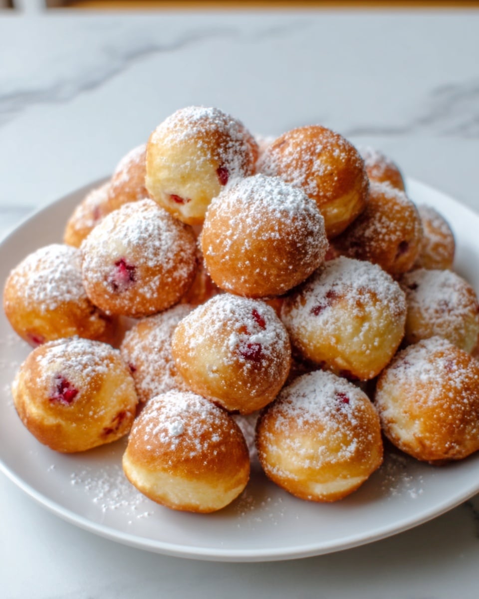 A white plate filled with a pile of small, round golden-brown doughnut holes, each dusted lightly with white powdered sugar. The doughnut holes show a soft, fluffy inside with bits of red fruit visible in some of them. The background is a white marbled surface, adding a clean and bright look to the image. photo taken with an iphone --ar 4:5 --v 7