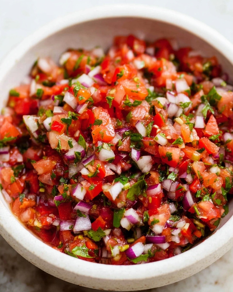 A close-up view of a bowl filled with freshly made pico de gallo, showing a colorful mix of finely chopped red tomatoes, white and purple onions, green cilantro, and small pieces of green chili peppers, all evenly mixed together. The bowl is white with a smooth texture and sits on a white marbled surface, capturing the vibrant colors and fresh texture of the salsa. The mix looks juicy and fresh with small bits of herbs spread throughout. Photo taken with an iphone --ar 4:5 --v 7