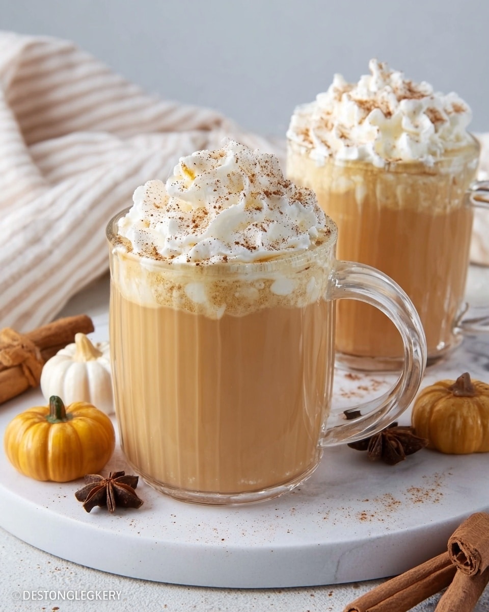 Two clear glass mugs filled with light brown creamy pumpkin spice latte topped with a thick layer of white whipped cream sprinkled with cinnamon. Each mug sits on a round white marble tray with small golden pumpkin decorations, cinnamon sticks, and star anise scattered around. The background features a white marbled surface and a soft white pumpkin behind the mugs, next to a striped white and gray cloth. Photo taken with an iphone --ar 4:5 --v 7