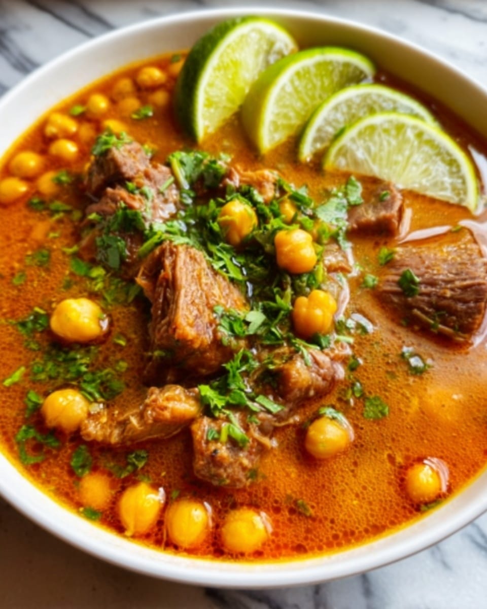 A white bowl filled with a rich, orange-brown broth containing tender chunks of meat and soft yellow chickpeas. The dish is topped with bright green chopped herbs scattered across the surface. On the edge of the bowl, there are three green lime wedges adding a fresh touch. The broth looks warm and slightly oily, with a textured mix of ingredients visible beneath the surface. The bowl sits on a white marbled surface. Photo taken with an iphone --ar 4:5 --v 7