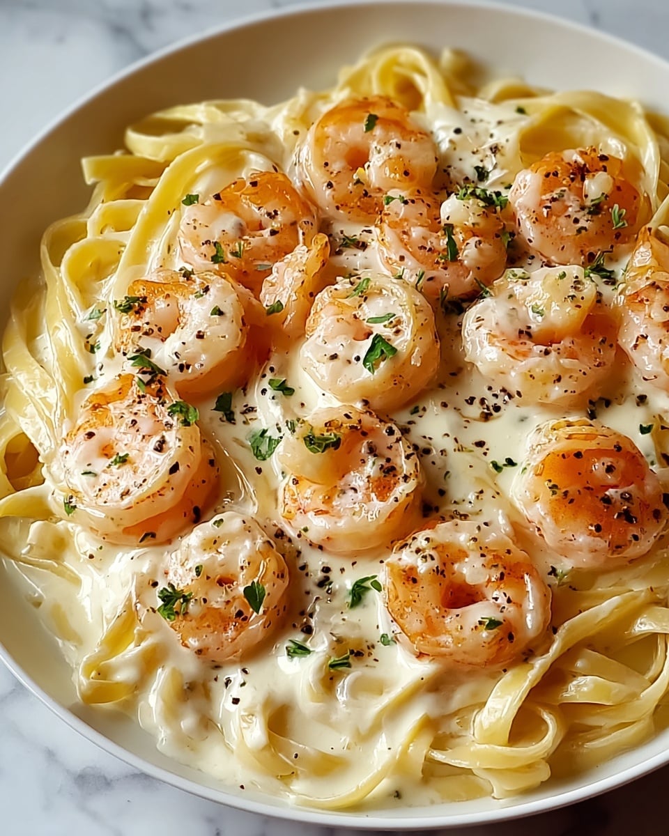 A close-up view of a white plate filled with creamy fettuccine pasta as the base layer, topped with a smooth, light yellow cream sauce covering the noodles in the middle and spreading slightly on the edges. On top, there are plump, pink shrimp pieces evenly placed, each showing a slight grill texture and some green herb bits scattered over the dish. The sauce has visible black pepper specks adding texture and contrast across the entire surface. This image is set on a white marbled background. photo taken with an iphone --ar 4:5 --v 7