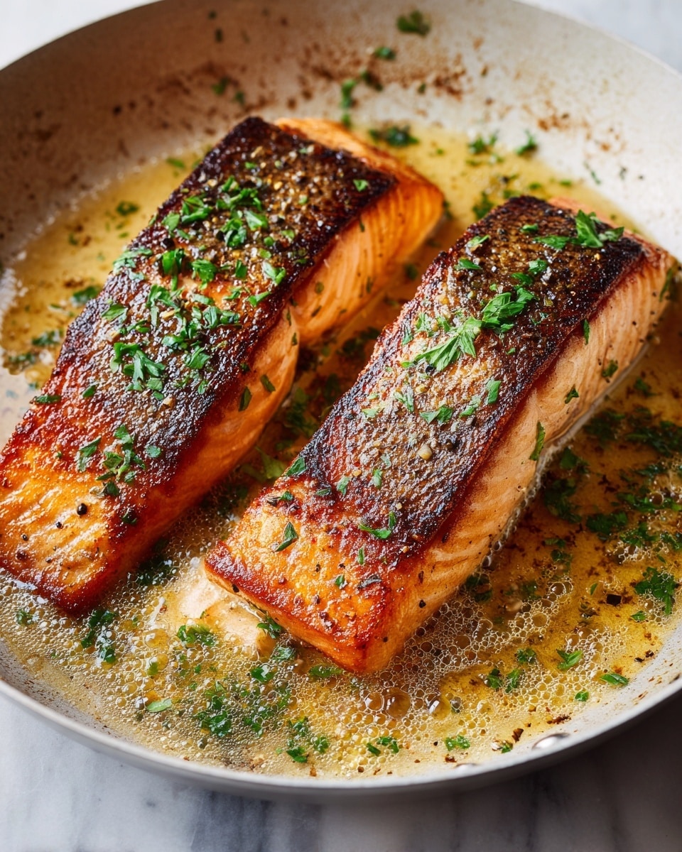 The image shows two cooked salmon fillets lying side by side in a pan with melted butter around them. The salmon has a nice orange-pink color with a slightly crispy surface, and it is sprinkled with small green herbs and some black pepper. The pan has a dark surface, and the lighting highlights the juicy texture and the golden edges of the fish. The focus is close up, making the salmon look fresh and tasty. photo taken with an iphone --ar 4:5 --v 7