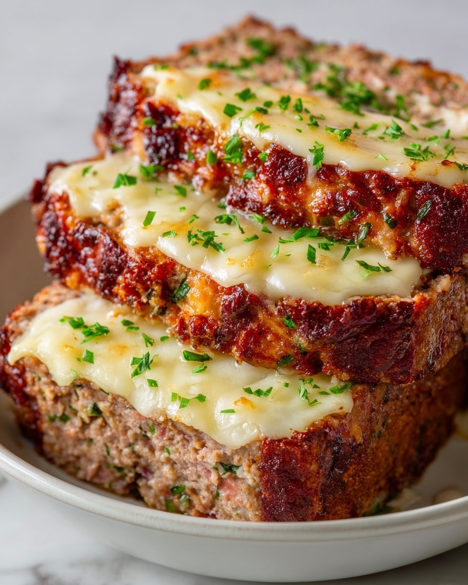 The image shows a close-up of three thick slices of a meatloaf topped with melted cheese, with a golden-brown crispy crust on top. The cheese layer is creamy and smooth, covering the minced meat inside, which looks juicy and mixed with herbs and small bits of vegetables. Small green chopped herbs are sprinkled on top for color. The slices are served in a white bowl with a slightly raised edge, sitting on a white marbled surface. Photo taken with an iphone --ar 4:5 --v 7