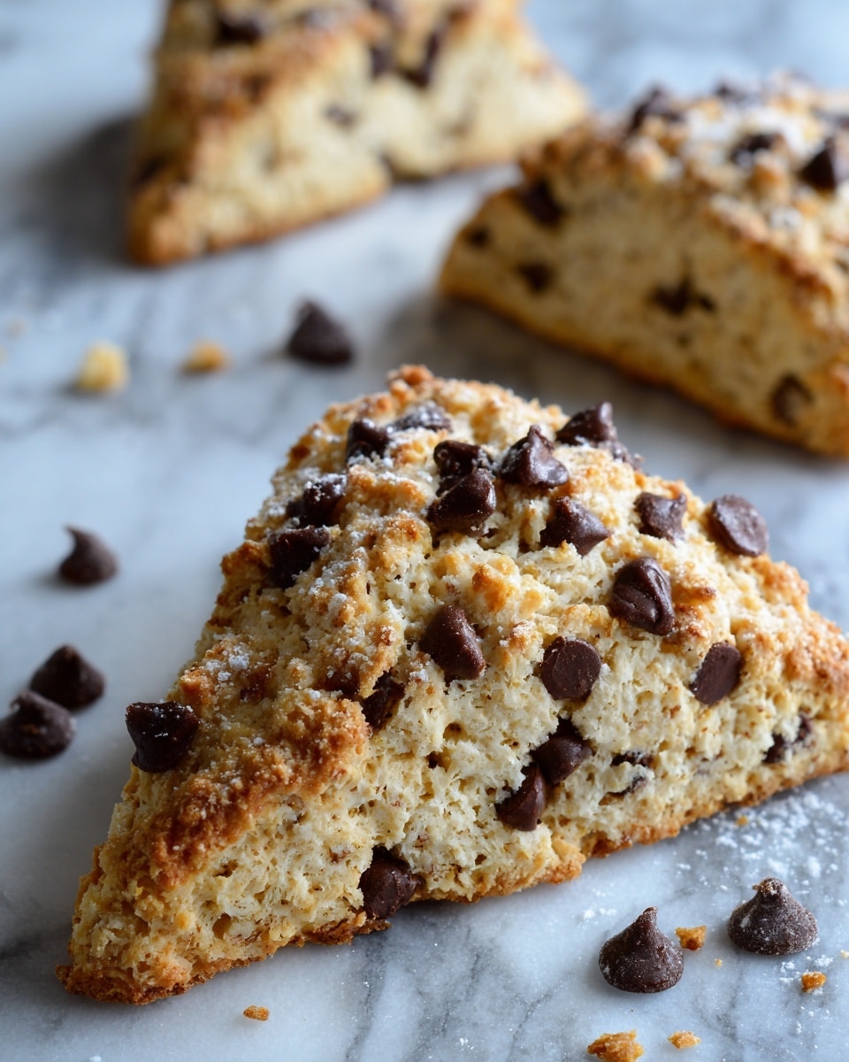 The image shows a close-up of a triangular scone on a white marbled surface. The scone has a rough, crumbly texture with a golden-brown crust and visible chocolate chips embedded throughout. The top layer is slightly cracked, revealing a dense but soft interior with a light beige color. In the background, another similar scone is partially visible, slightly blurred to keep the focus on the front scone. Small crumbs are scattered around, enhancing the fresh-baked feel. photo taken with an iphone --ar 4:5 --v 7