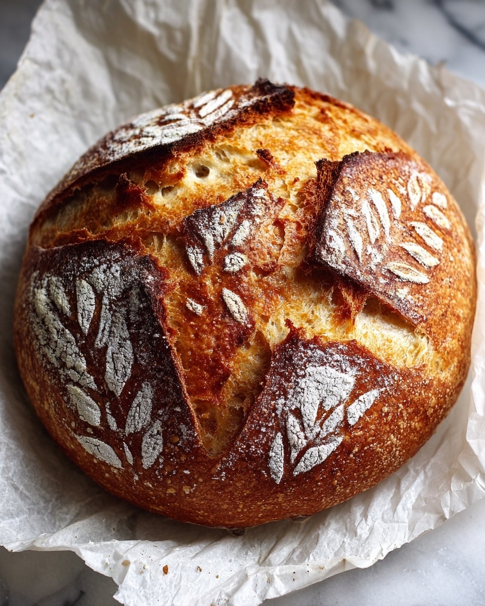 A round sourdough bread loaf with a golden brown crust rests on white parchment paper. The crust has a textured, slightly crispy look with four leaf-like patterns evenly spaced near the edges, created by cuts in the dough before baking. The top has a light dusting of flour contrasting with the deep golden tones of the crust, and the bread's shape is naturally round and rustic. The white marbled surface underneath adds quiet brightness to the image. Photo taken with an iphone --ar 4:5 --v 7